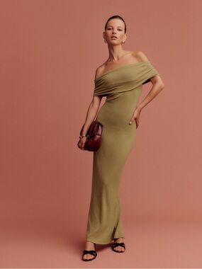 Reformation Josefina knit dress off the shoulder bronze color